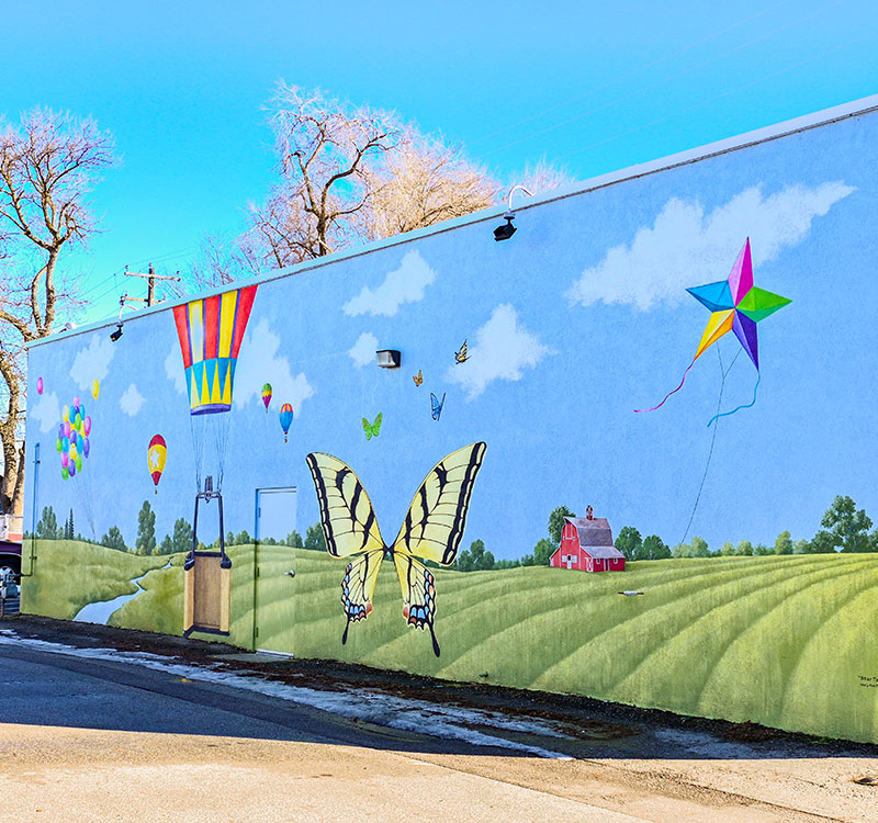 Mural on the side of a building with a farm landscape, butterfly and playful balloons.