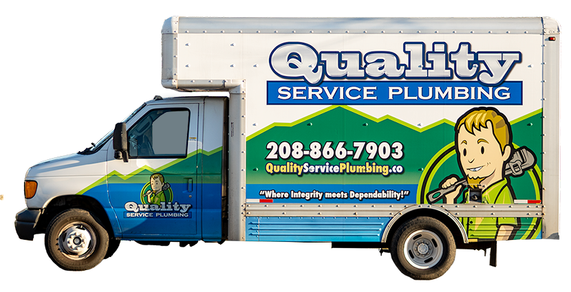 Quality Service Plumbnig truck with the logo and company information wrapped on the truck.