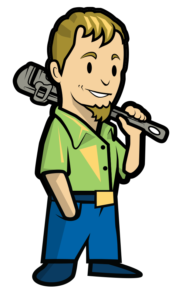 Quality Service Plumbing logo character holding a pipe wrench.