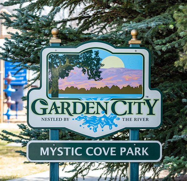Garden City Idaho sign at a park.