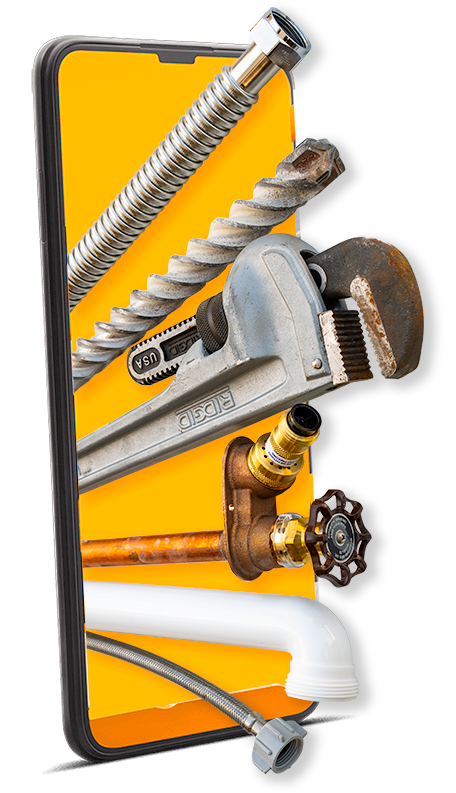Plumbing tools coming out of a cell phone with a yellow background.