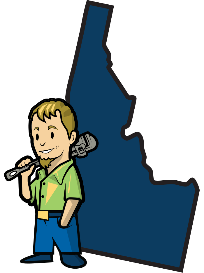 Quality Service Plumbing character standing with a background of the state of Idaho.