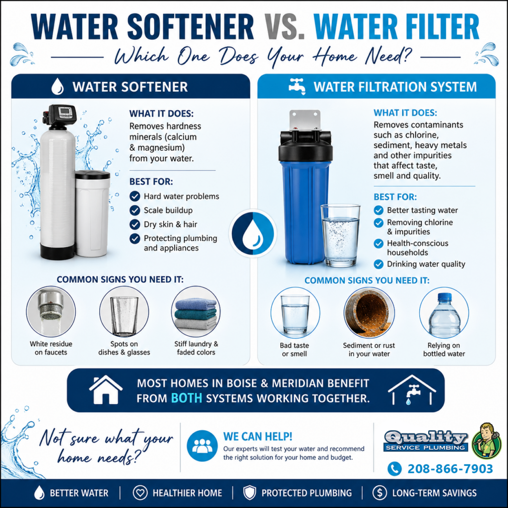 Infographic comparing water softener vs water filtration system for Boise and Meridian homes, showing how softeners remove hard water minerals to prevent scale buildup and how filters improve taste and remove contaminants, with signs you may need each system.