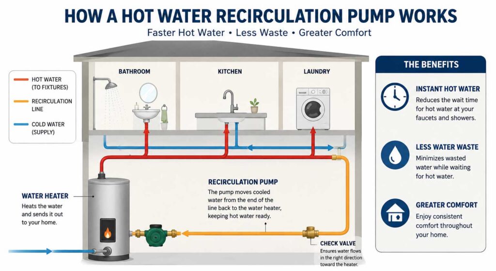 Hot water recirculation pump diagram showing how recirculation systems provide faster hot water and reduce water waste in residential plumbing systems.