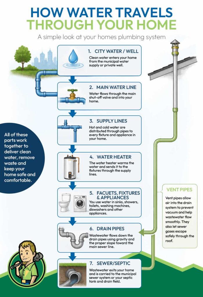 How Water Travels Through your Home Graphic City Water / Well ↓ Main Water Line ↓ Water Heater ↓ Supply Pipes ↓ Faucets • Showers • Toilets ↓ Drain Pipes ↓ Sewer / Septic ↑ Vent Pipes