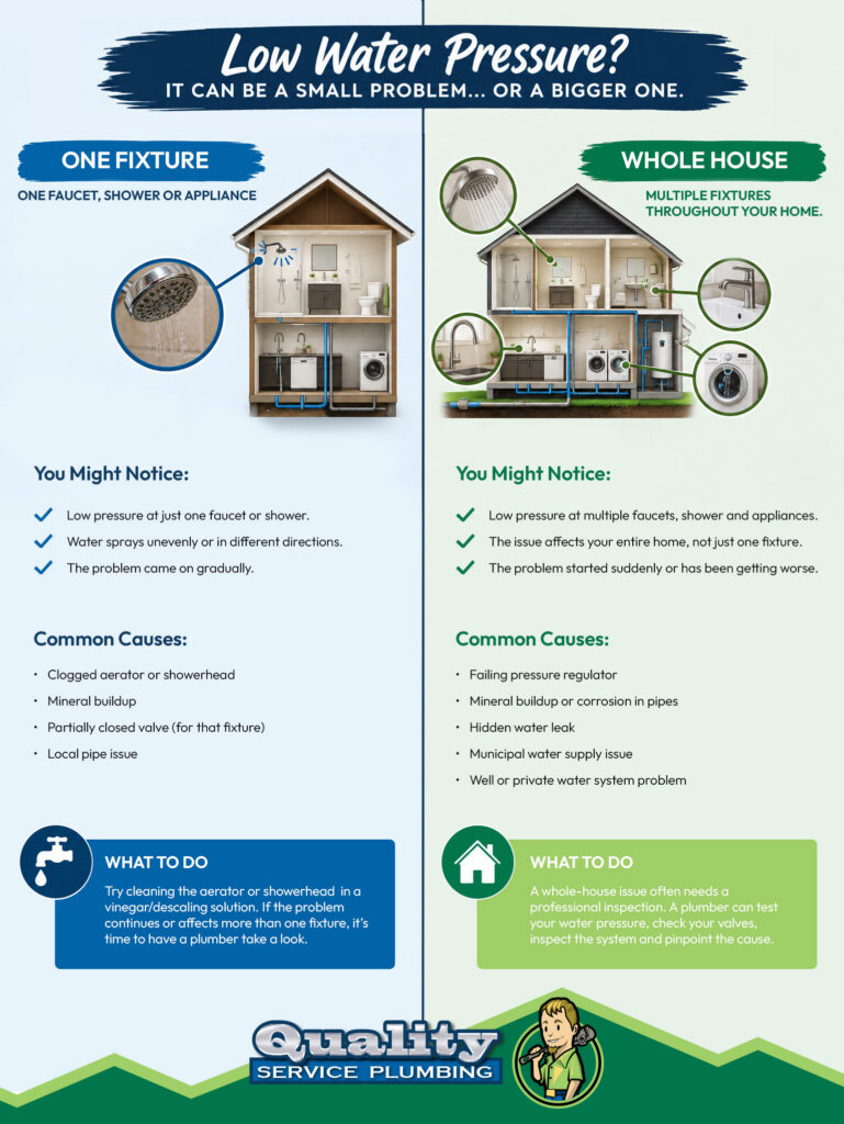 Infographic explaining the difference between low water pressure at one fixture and low water pressure throughout the home, including common causes such as clogged aerators, faulty fixtures, low municipal pressure, sediment or corrosion, pressure regulator issues, and leaks.
